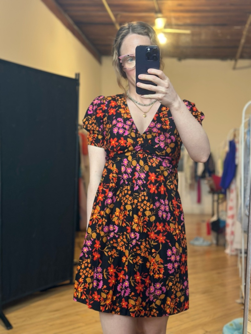 Vintage Floral V-Neck A-Line Dress in Black with Pink & Orange Flowers